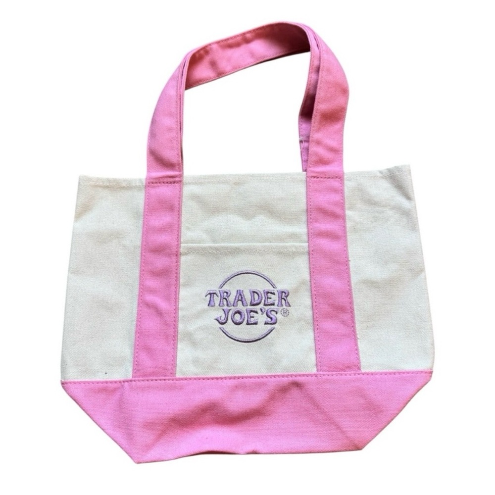 Trader Joe’s Mini Canvas Tote Bag Pink & Cream Reusable Shopping Bag Rare
